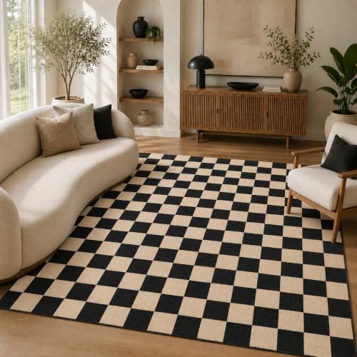 4x6 Checkered Area Rug for Living Room, Soft Low Pile Black & Beige rugs by Unknown