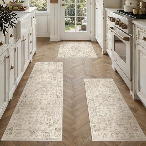 3 Piece Beige Neutral Kitchen Rug Set by WondRg
