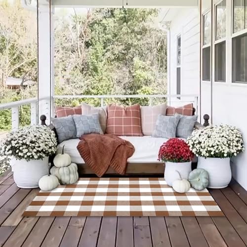 Homydecor Buffalo Plaid Outdoor Rugs, 24'' x 51'' Coffe and White Checkered Area Rug, Layering Rug for Hello/Welcome Door Mat, Washable Cotton Woven Farmhouse Mat for Front Porch Décor - Image 7