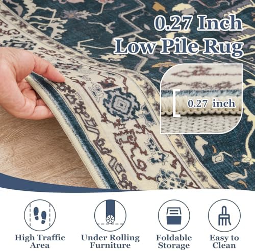 Farmhouse Entryway Rugs 2x6, Low Pile Kitchen Runners Washable Non Slip, Distressed Medallion Printed Carpet Runners for Hallway/Bathroom/Bedroom Bedside/Laundry Room, Deep Blue/Multi - Image 5