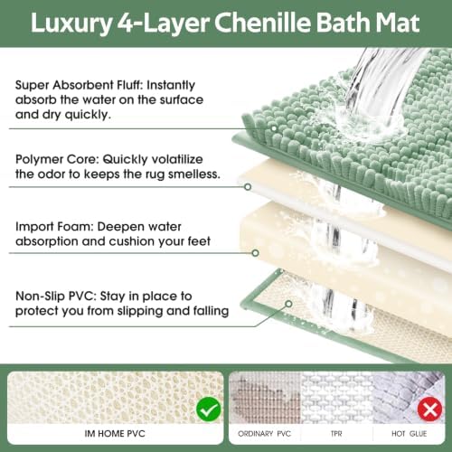 Christmas Striped Sage Green Bathroom Rug Mat Set 2 piece 24"x17"+48"x20" Ultra Soft, Non Slip Chenille Bath Rugs, Absorbent Plush Shaggy Bath Mats for Bathroom, Bedroom, Kitchen, Shower, Tub - Image 5