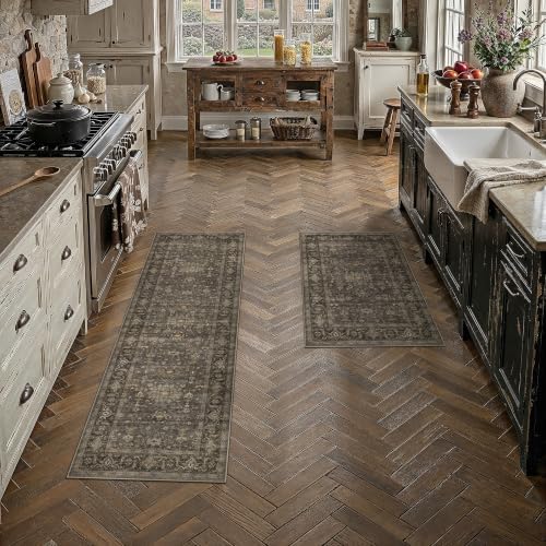 2 Piece Dark Brown Vintage Kitchen Rug Set by WondRg