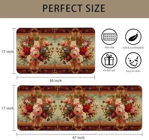 Retro Farmhouse Spring Floral Kitchen Rugs Sets of 2 Non Slip Washable, Country Vintage Flower Summer Spring Floral Kitchen Mats for Floor 2 Piece Home Decor - Image 3