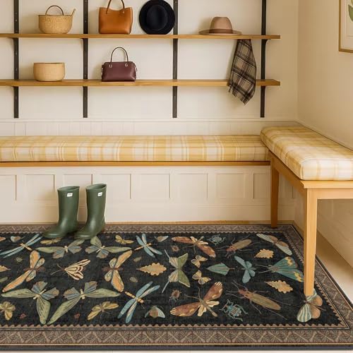 Black Insect 2'6"x12' Washable Extra Long Runner Rugs for Hallways, Non Skid Stain Resistant Wide Rug Runners for Kitchen, Entryway, Mudroom, Dark Cottagecore Boho Butterfly Pattern Indoor Décor - Image 3