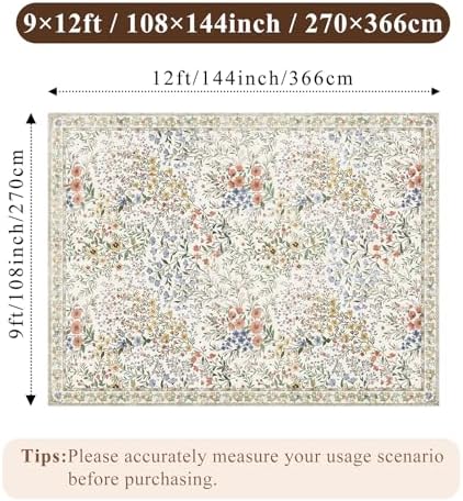 Living Room Rug 9x12: Large Vintage Floral Area Rug - Machine Washable Non Slip Low Pile Foldable Area Rug - Bedroom Dining Room Family Room Open Floor Farmhouse Indoor Carpet - 9'x12' Beige - Image 2