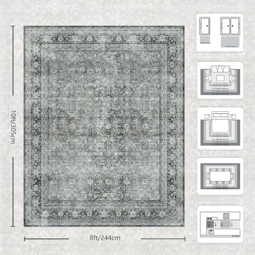 8x10 Area Rugs for Living Room - Washable Vintage Retro Large Rug, Soft Ultra Thin Non Slip Low Pile Traditional Distressed Boho Carpet for Bedroom Dining Room Home Office, Black Grey - Image 2