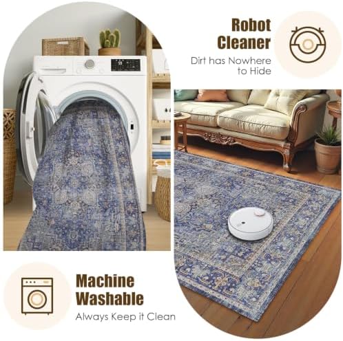 Washable Area Rug 5' x 7' Vintage Traditional Persian Mat - Foldable Distressed Non-Slip Machine Washable Carpet for Living Room Bedroom Kitchen Home Decor - Indigo and Gold - Image 7