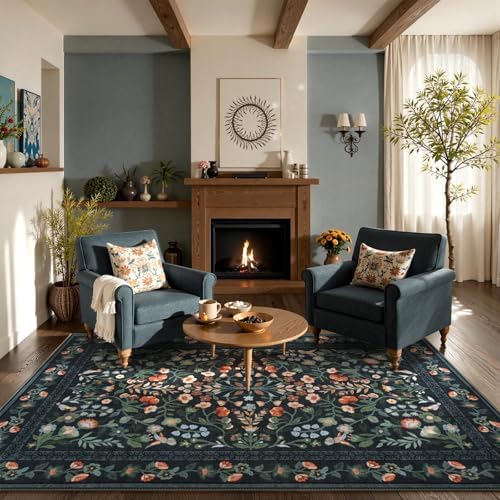Lahome Black Floral Washable Area Rug 9x12, Extra Large Botanical Carpet - Image 2