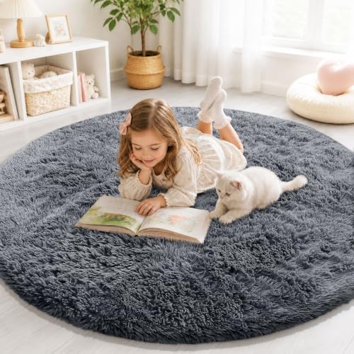 Smiry Round Area Rugs for Living Room Bedroom 4x4 ft, Fluffy Carpet by Smiry