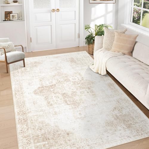 Area Rug 5x7 Washable Rug, Vintage Boho Medallion Rugs Non-Slip Soft Low Pile Large Distressed Rug Indoor Retro Carpet for Living Room Bedroom Dining Room Home Office (Beige, 5'x7') by VECARF