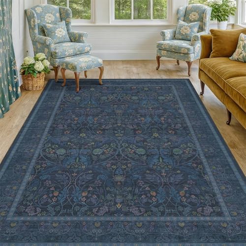Washable Dark Blue 5x7 Living Room Area Rug - Small Dining Room Rugs for Under Table, Non Skid & Low Pile Bedroom Carpet, Thin Nature Botanical Pattern Mats (Navy Blue) - Image 3