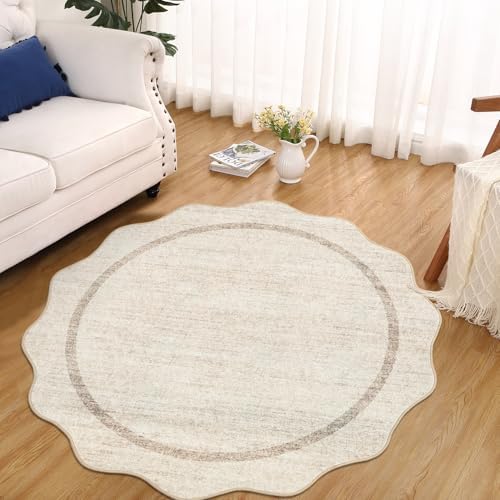 GarveeHome Scalloped Round Washable Rug Soft Modern Round Rugs 5 ft, Beige - Image 2