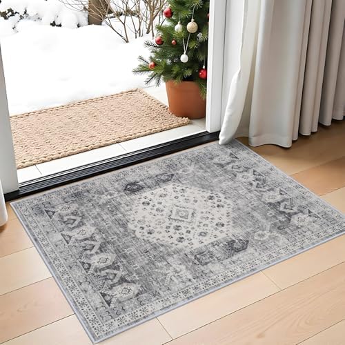 RUUGME Washable 2x3 Area Rug - Entryway Vintage Rustic Style Area Rugs Non Slip Stain Resistant Carpet for Living Room Bedroom Dining Room Kitchen Distressed Floor Mat (2'x3', Grey) by RUUGME
