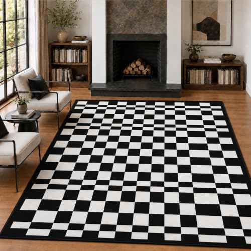 8x10 Checkered Rug for Living Room, soft Low Pile black and white Area Rugs by Unknown