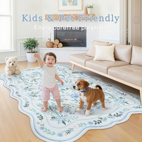Scalloped Blue Floral Rug 6x9, Washable Soft Faux Wool Area Rug for Living Room, Cute Boho Non-Slip Carpet for Kids Room, Nursery, Bedroom or Office - Image 3