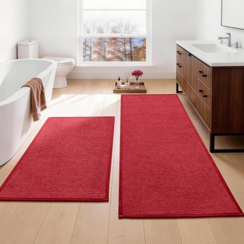 YIHOUSE Long Large Bathroom Rugs Sets 2 Piece, Quick Dry Thin Bath Mat, Non Slip Absorbent Machine Washable, Bath Runner Rug for Tub Sink Home Decor (24"x36" + 24"x59",Red) by YIHOUSE