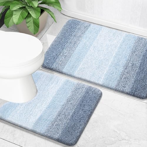 OLANLY Micorfiber Bathroom Rug Set 2 Piece, Soft Absorbent Bath Mats, Blue by OLANLY
