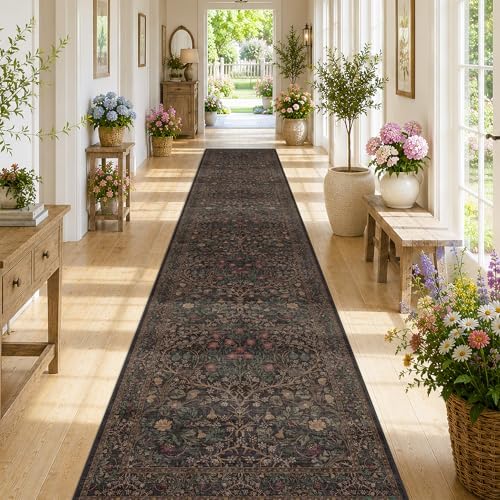 Hazo Haus Dark Brown Boho Washable 3x12 Extra Long Runner Rug for Hallway, Water Resistant Extra Long Runners for Large Kitchen, Non-Slip Stain & Fade Resistant, Vintage Natural Floral Décor by HazoHaus