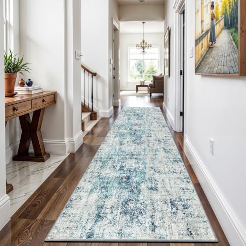 Machine Washable Runner Rugs 3x7 Modern Abstract Rug Ocean Mist by WIEVEDENS