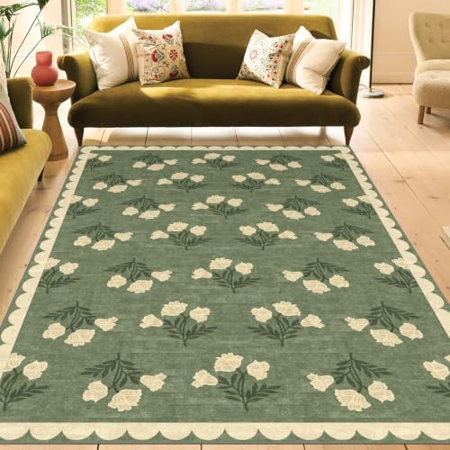 5x7 Living Room Area Rug - Green Boho Floral Scalloped Bedroom Rug by Othilic