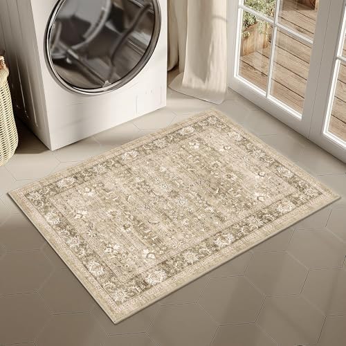 2x3 Washable Entryway Area Rug Non-Slip Distressed Khaki Door Mat - Image 3