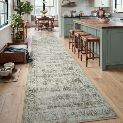 Morebes Vintage Long Runner Rug 2.5x12, Brown Distressed Non Slip Washable Hallway Runner, Soft Vintage Farmhouse Carpet Runner for Hallway 12ft Kitchen Entryway Laundry Room - Image 3