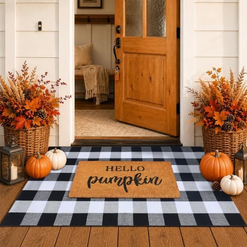 Fall Decor Doormat Combo Set, 100% Coco Coir Welcome Mat + 3' x 5' Black and White Plaid Rug - Fall Thanksgiving Front Porch Entryway Decor Floor Mat, Indoor Outdoors Autumn Mats Hello Pumpkin by Homydecor