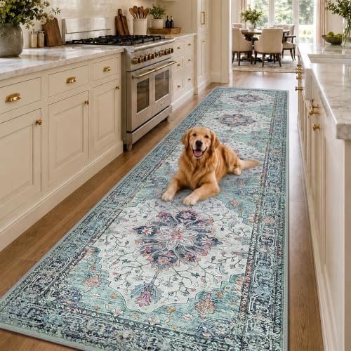 RELEANY Washable Area Rug, Runner 3'x12', Teal Green/White/Navy by RELEANY