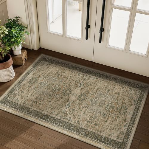 Moody 3x4 Rugs for Entryway Indoor, Distressed Medallion Door Mat Indoor Entrance, Washable Non Slip Low Pile Thin Small Carpet Rug for Kitchen/Bedroom/Bathroom/Laundry Room, Multi Brown/Olive - Image 4