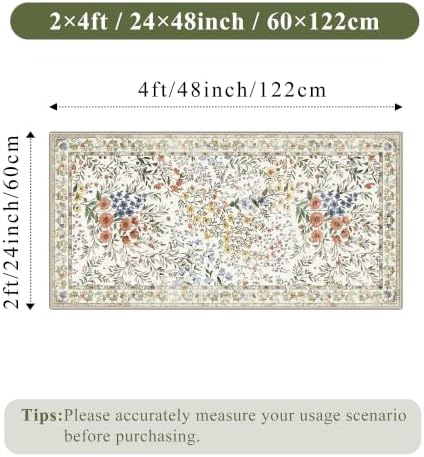 Washable Kitchen Runner Rug 2x4: Vintage Floral Rug for Laundry Room Entryway - Machine Washable Non Slip Low Pile Carpet - Soft Foldable Runner for High Traffic Areas - 2'x4' Beige - Image 2