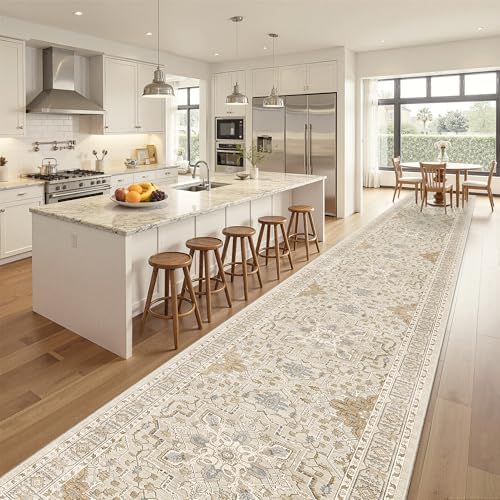 Madane Hallway Runner Rug 3x18 Washable Kitchen Runners 18ft, Beige/Blue by Madane