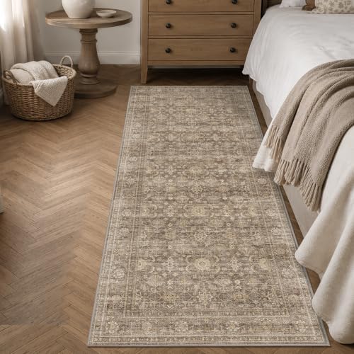 JOOJA 2x5 Neutral Tan Vintage Floral Low Pile Non Slip Washable Runner Rug by JOOJA