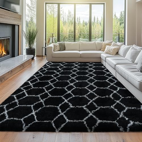 8x10 Fluffy Area Rugs Black and White: Large Geometric Shag Living Room Rug by TOPMAXCS