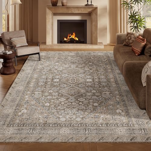 9x12 Beige Brown Washable Area Rug for Living Room, Vintage Print - Image 3