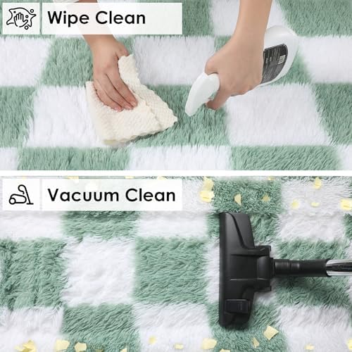 KICMOR Round Rug 4ft for Bedroom, Fluffy Soft Circle Area Rug Cute Small Living Room Carpet, Sage Green and White Fuzzy Shag Shaggy Checkered Circular Rugs for Kids Room Nursery Home Decor Aesthetic - Image 6