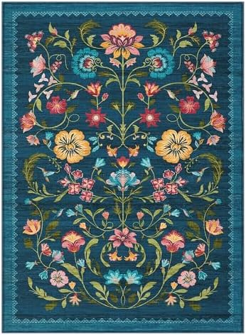 GarveeHome Washable Rug 8x10 Area Rugs for Living Room, Floral Rug for Bedroom, Soft Vintage Non Slip Throw Rugs with Rubber Back, Low Pile Stain Resistant Boho Floral Carpet for Dining Room, Blue - Image 4