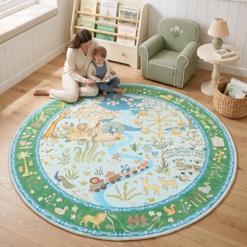 Tribesigns Washable Zoo Floral 6ft Round Kids Playroom Rug, Soft Cute Blue Nursery Rugs for Bedroom, Non-Slip Low Pile Indoor Animal Print Circle Carpet Rugs for Kids Room Living Room, Blue/6' Round by Tribesigns