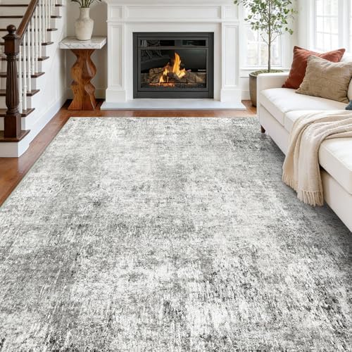 RELEANY Washable 10'x14' Abstract Area Rug for Living Room Gray White by RELEANY