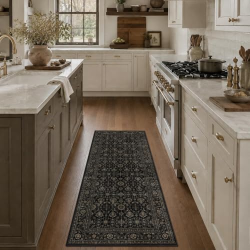 JOOJA 2x5 Black Gold Vintage Floral Low Pile Non Slip Washable Runner Rug by JOOJA