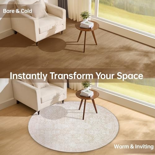 Sasttie Round Rug 4ft, Ultra-Soft Washable Rug for Living Room, Cream - Image 3