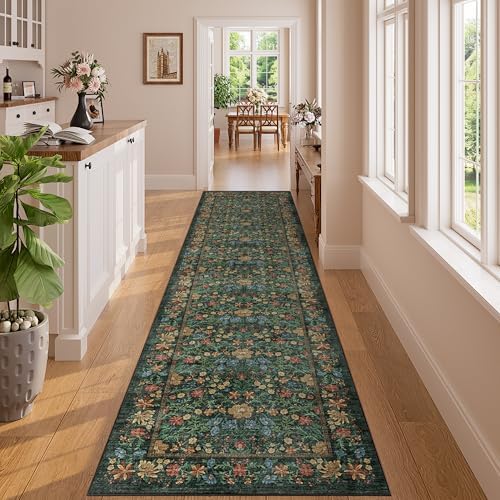 DUKINO 2x8 Runner Rug, Washable Vintage Floral Kitchen Rug, Green - Image 3