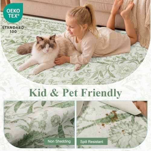 DUKINO 8x10 Area Rug Vintage Floral Washable Rug for Living Room Sage Green - Image 4