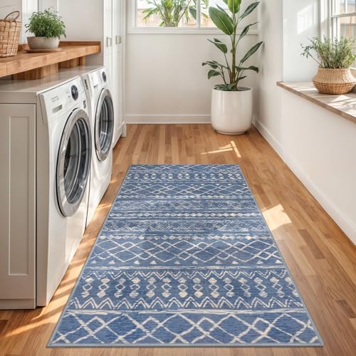 KUTA 3x5 Boho Area Rug for Living Room Blue Beige Washable Entry Rugs - Image 4