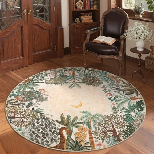 GarveeHome Round Area Rugs 5ft for Bedroom, Beige Jungle Washable Circle Rug Soft Non Slip Forest Animal Print Floor Mat Tiger Carpet Indoor Thin Rug for Kids Room Dining Room Playroom Nursery by GarveeHome