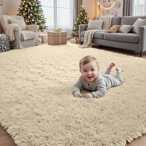 5x7 Fluffy Shag Area Rugs for Living Room Bedroom: Soft Plush Carpet Beige by CarpetAddColortoYourLife