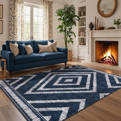 Boho Washable Rugs 5x7ft for Living Room, Navy Blue Thin Bedroom Area Rugs Non Slip, Moroccan Soft Kids Nusery Area Floor Carpets for Dining Room Playroom Kitchen Home Office Decor - Image 6