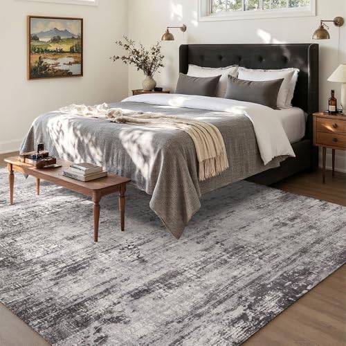8x10 Black Gray Washable Area Rug for Living Room, Vintage Print - Image 2