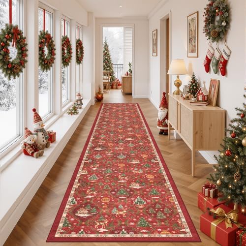 Madane Christmas Runner Rugs for Hallway 2x12, Red Washable Kitchen Rug by Madane