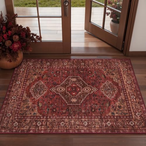 Tangsoo Red 2x3 Washable Entryway Rugs, Oriental Non Slip Small Area Rug by Tangsoo