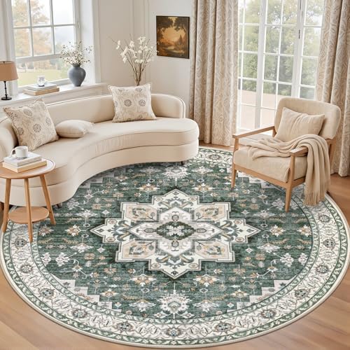 Round Area Rug for Living Room: 8ft Boho Washable Rug Green Ivory by EXPEDIX